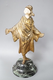 Georges Omerth (1895 - 1925) gilt bronze and Ivory figure of a tarot card reader on marble base 23cm